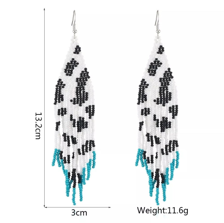 Cow Pattern with Teal Tips, Handmade Boho Seed Bead Earrings