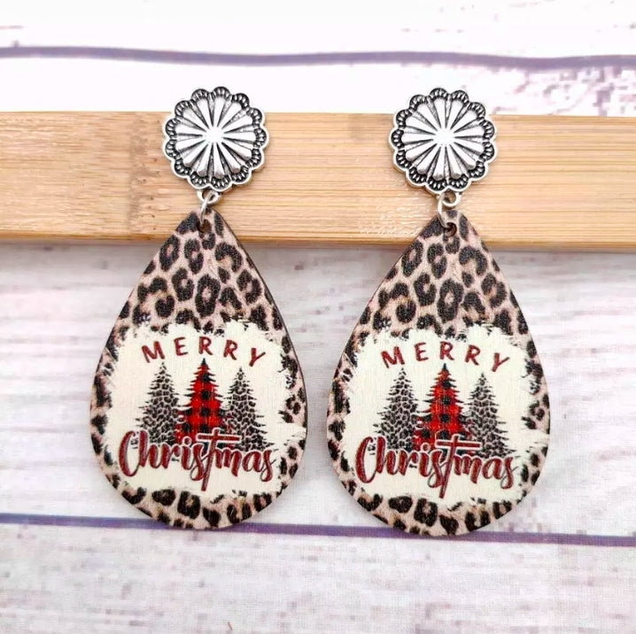 Buffalo Plaid Christmas Tree , Leopard Background Earrings