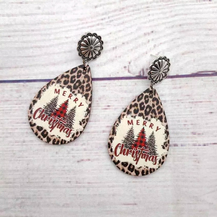 Buffalo Plaid Christmas Tree , Leopard Background Earrings