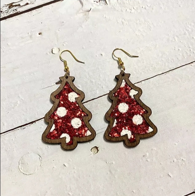 Christmas Tree Wood Cow Print or Red / Green Glitter, Genuine Leather Earrings