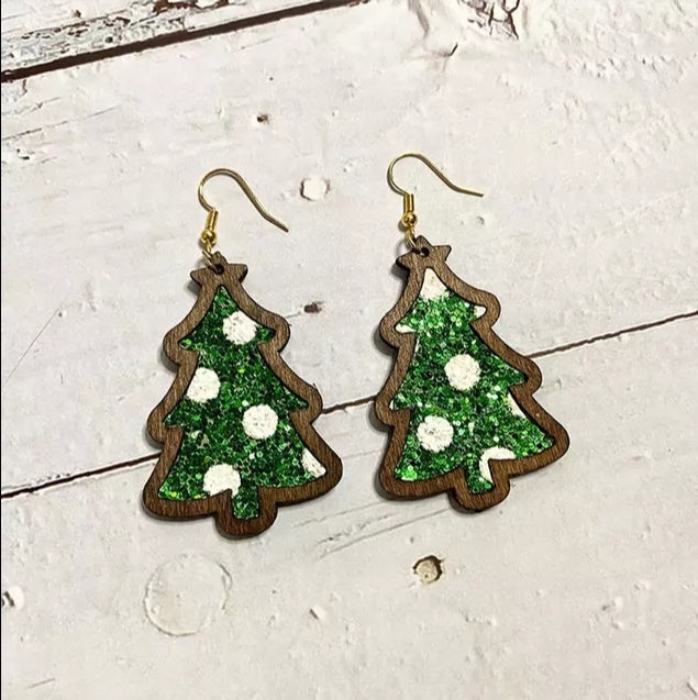 Christmas Tree Wood Cow Print or Red / Green Glitter, Genuine Leather Earrings
