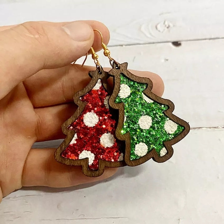 Christmas Tree Wood Cow Print or Red / Green Glitter, Genuine Leather Earrings