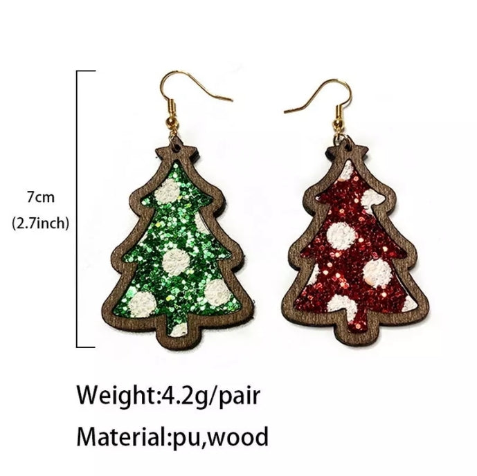 Christmas Tree Wood Cow Print or Red / Green Glitter, Genuine Leather Earrings