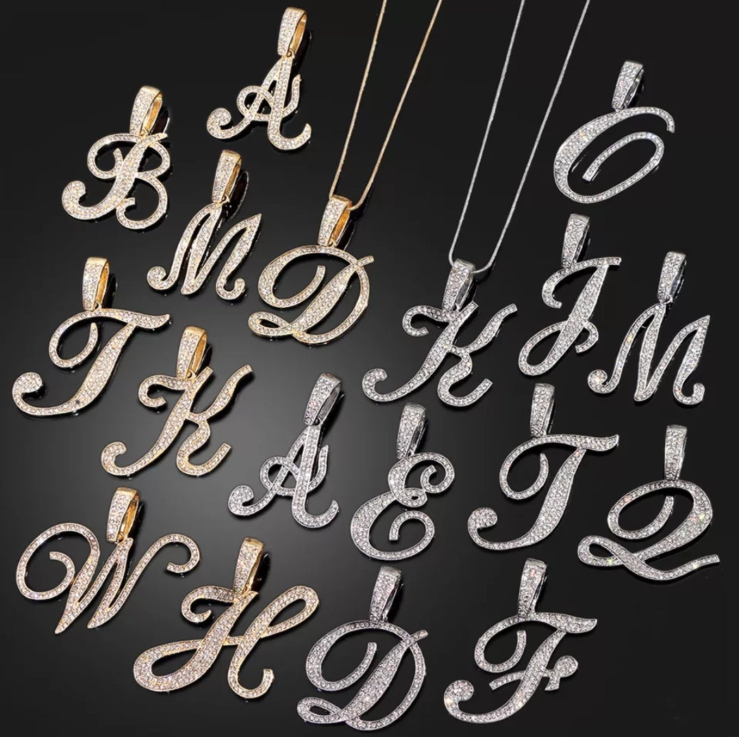 Bling Iced Out Paved Rhinestone Cursive Letter Pendant with Necklace