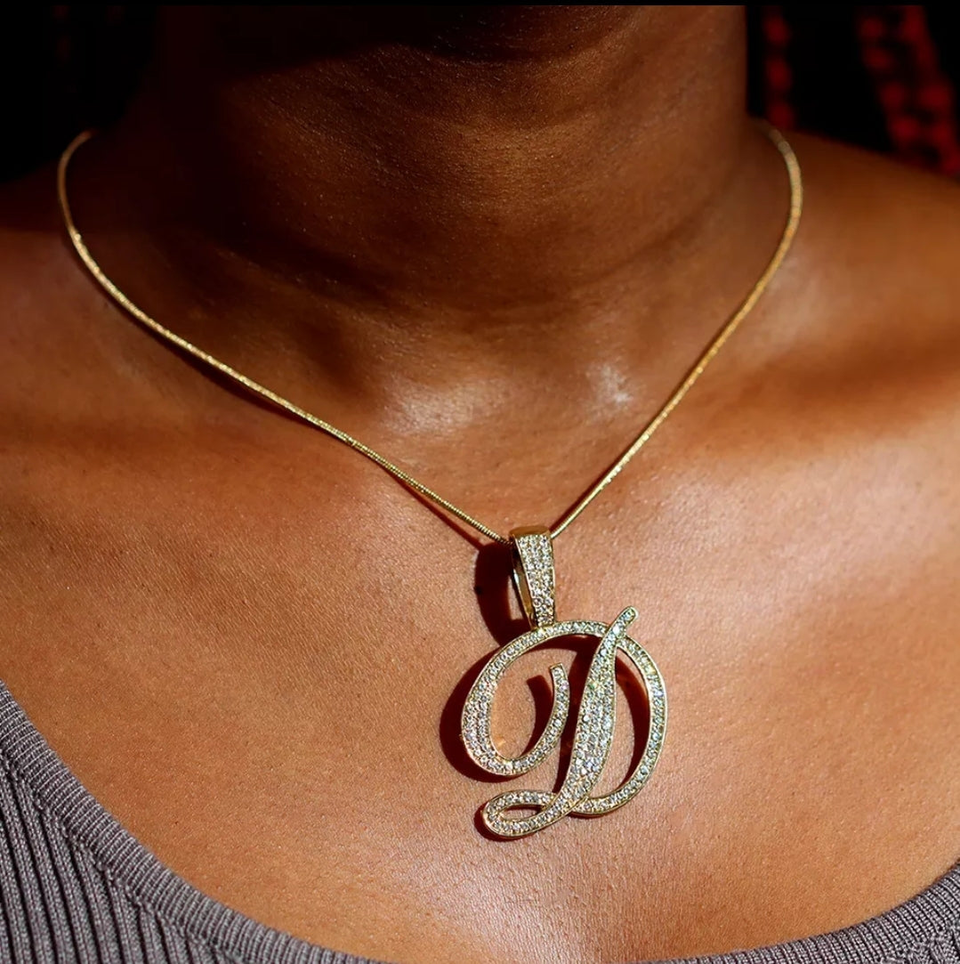 Bling Iced Out Paved Rhinestone Cursive Letter Pendant with Necklace