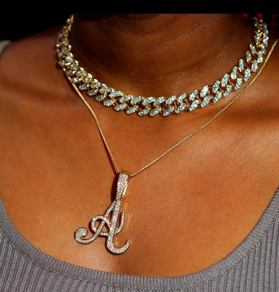 Bling Iced Out Paved Rhinestone Cursive Letter Pendant with Necklace