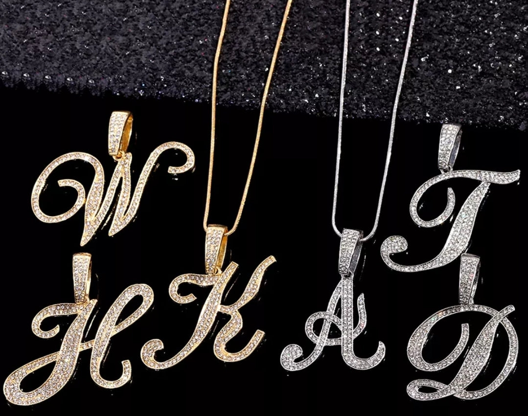 Bling Iced Out Paved Rhinestone Cursive Letter Pendant with Necklace