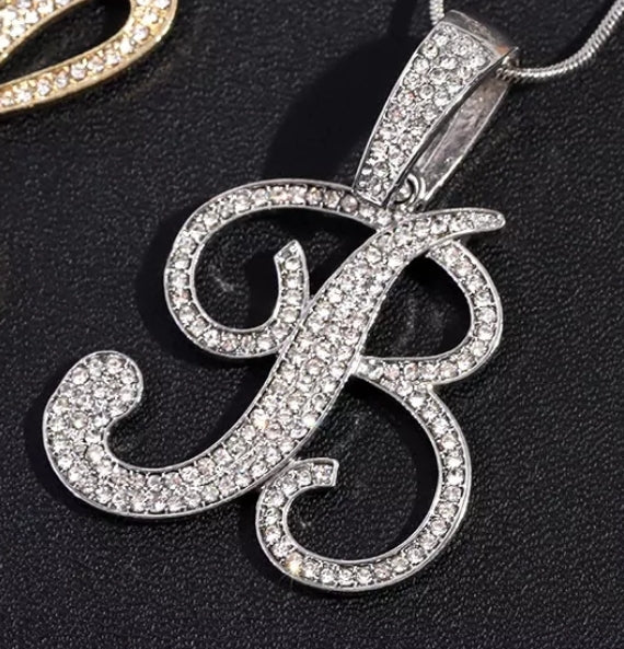 Bling Iced Out Paved Rhinestone Cursive Letter Pendant with Necklace