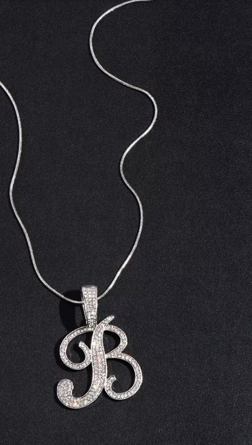 Bling Iced Out Paved Rhinestone Cursive Letter Pendant with Necklace