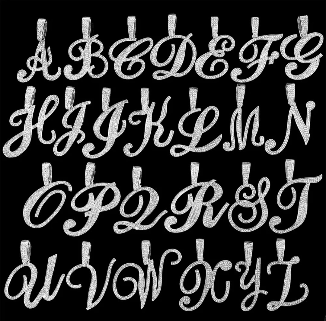Bling Iced Out Paved Rhinestone Cursive Letter Pendant with Necklace