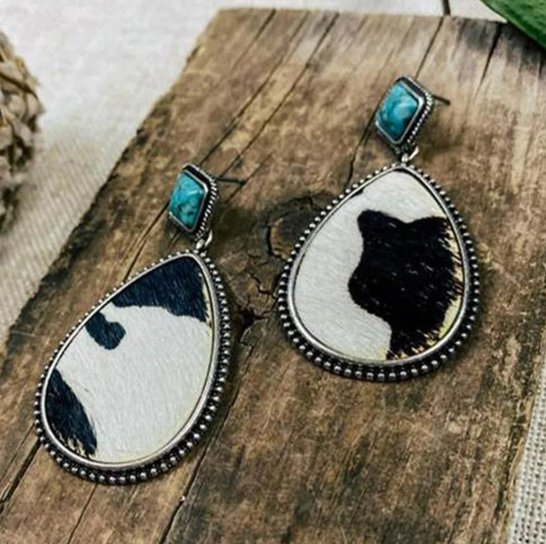 Dainty Vintage Cow Pattern with Turquoise Earrings