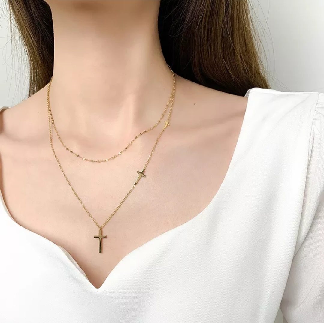 Stainless Steel Double Layered, Cross Necklace