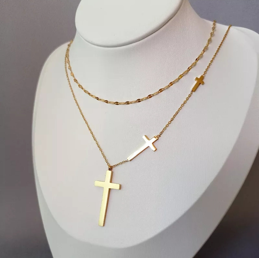 Stainless Steel Double Layered, Cross Necklace