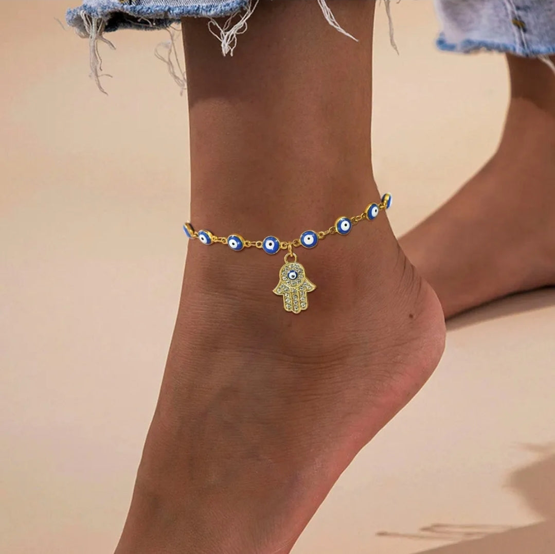 Stainless Steel Bohemia Fatina Hand, Evil Dark Blue Eye Anklet