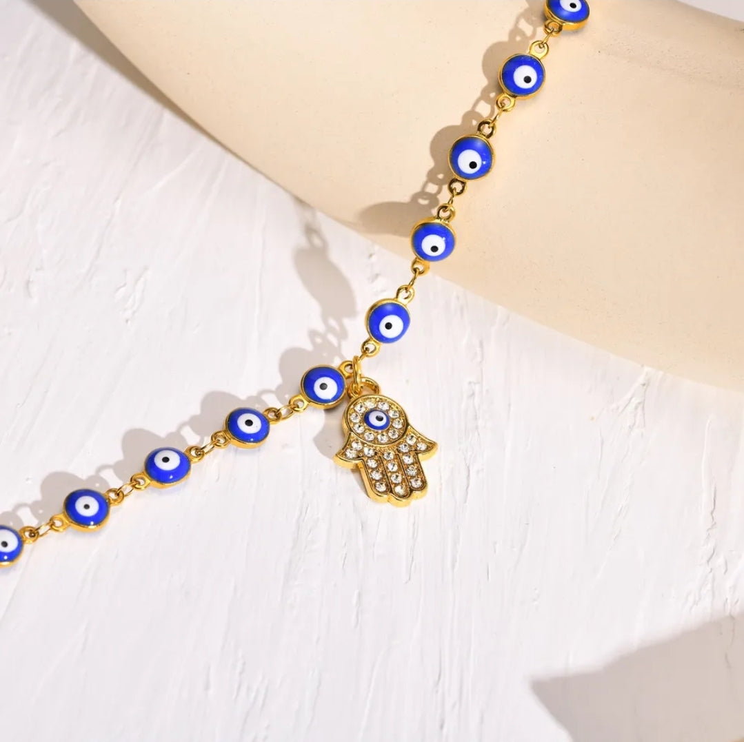 Stainless Steel Bohemia Fatina Hand, Evil Dark Blue Eye Anklet