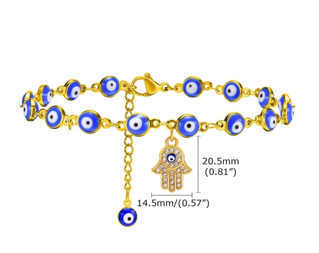 Stainless Steel Bohemia Fatina Hand, Evil Dark Blue Eye Anklet