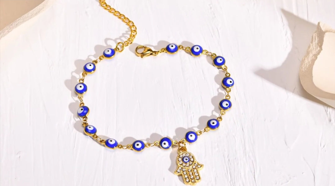 Stainless Steel Bohemia Fatina Hand, Evil Dark Blue Eye Anklet