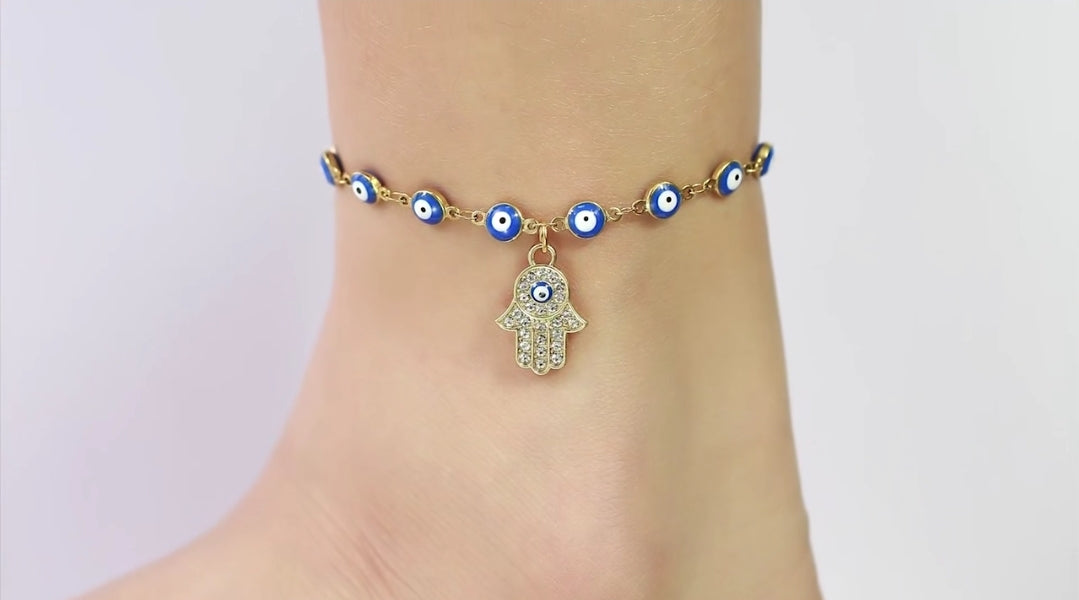 Stainless Steel Bohemia Fatina Hand, Evil Dark Blue Eye Anklet