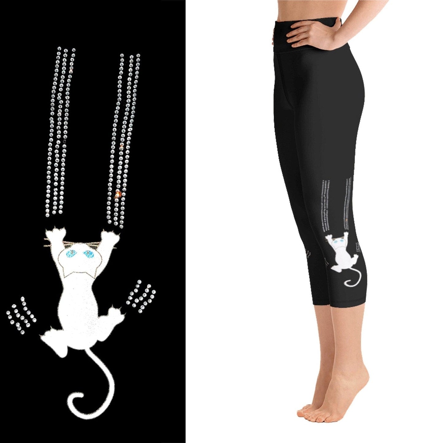 Black Cat Claw Scratch Capri Leggings Rhinestone and Glitter - Black / Cat Print / Cat Lover / Cat Pants