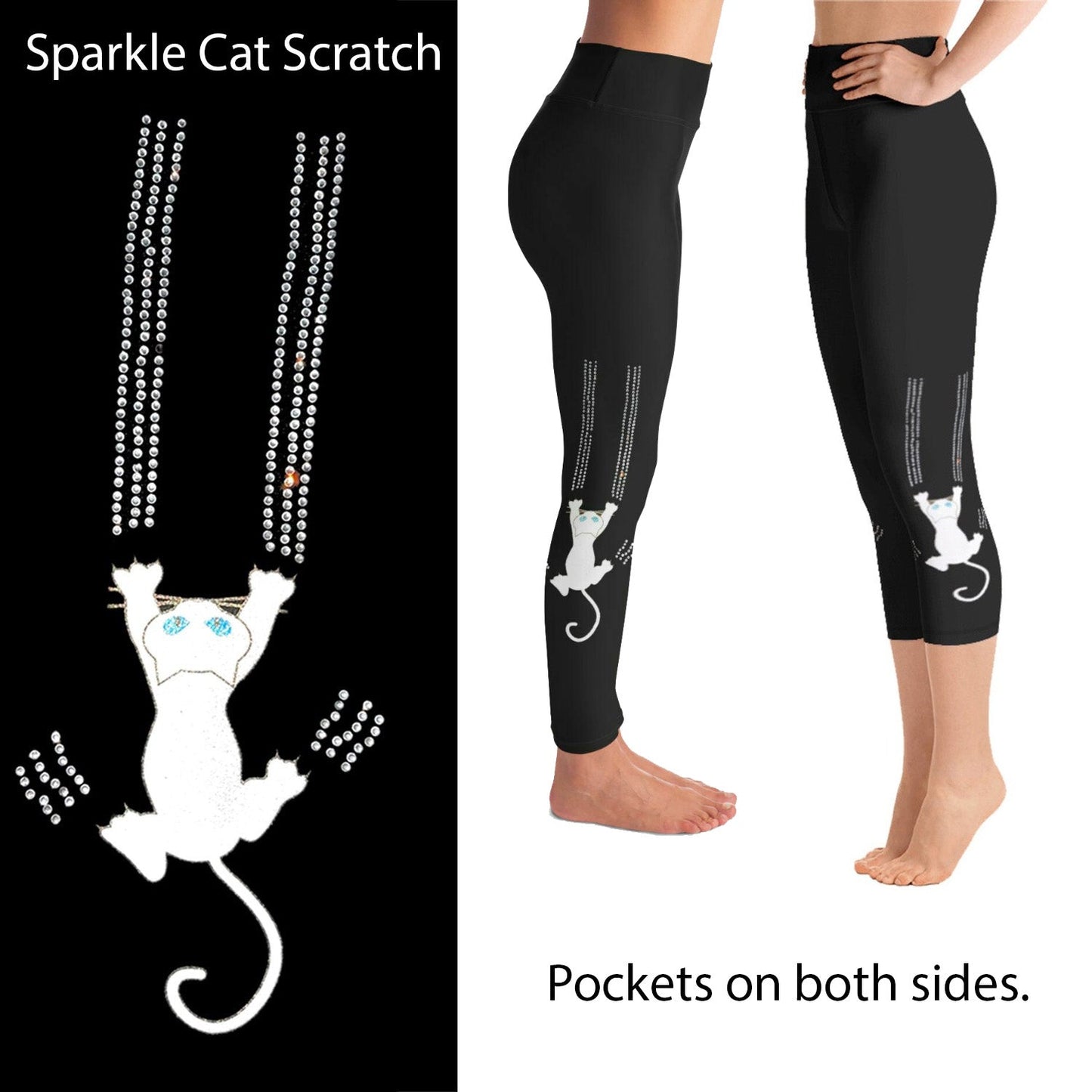 Black Cat Claw Scratch Capri Leggings Rhinestone and Glitter - Black / Cat Print / Cat Lover / Cat Pants