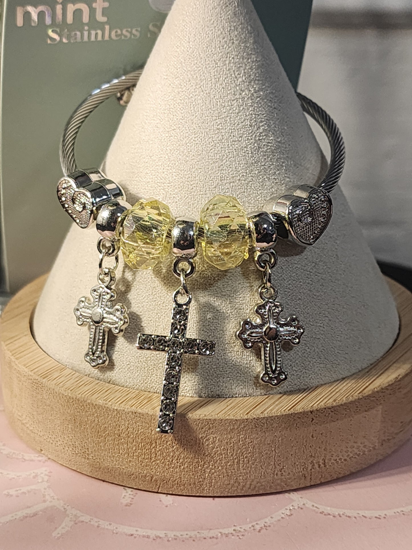 Silver Stainless Steel 3 Cross Pendants, Adjustable Charm Bracelets