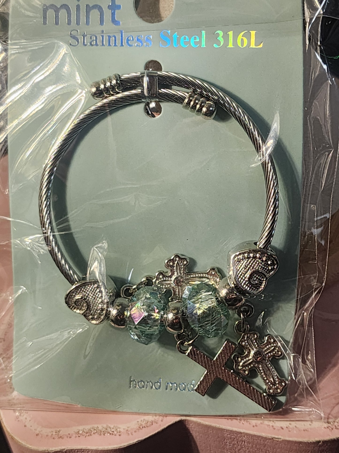 Silver Stainless Steel 3 Cross Pendants, Adjustable Charm Bracelets