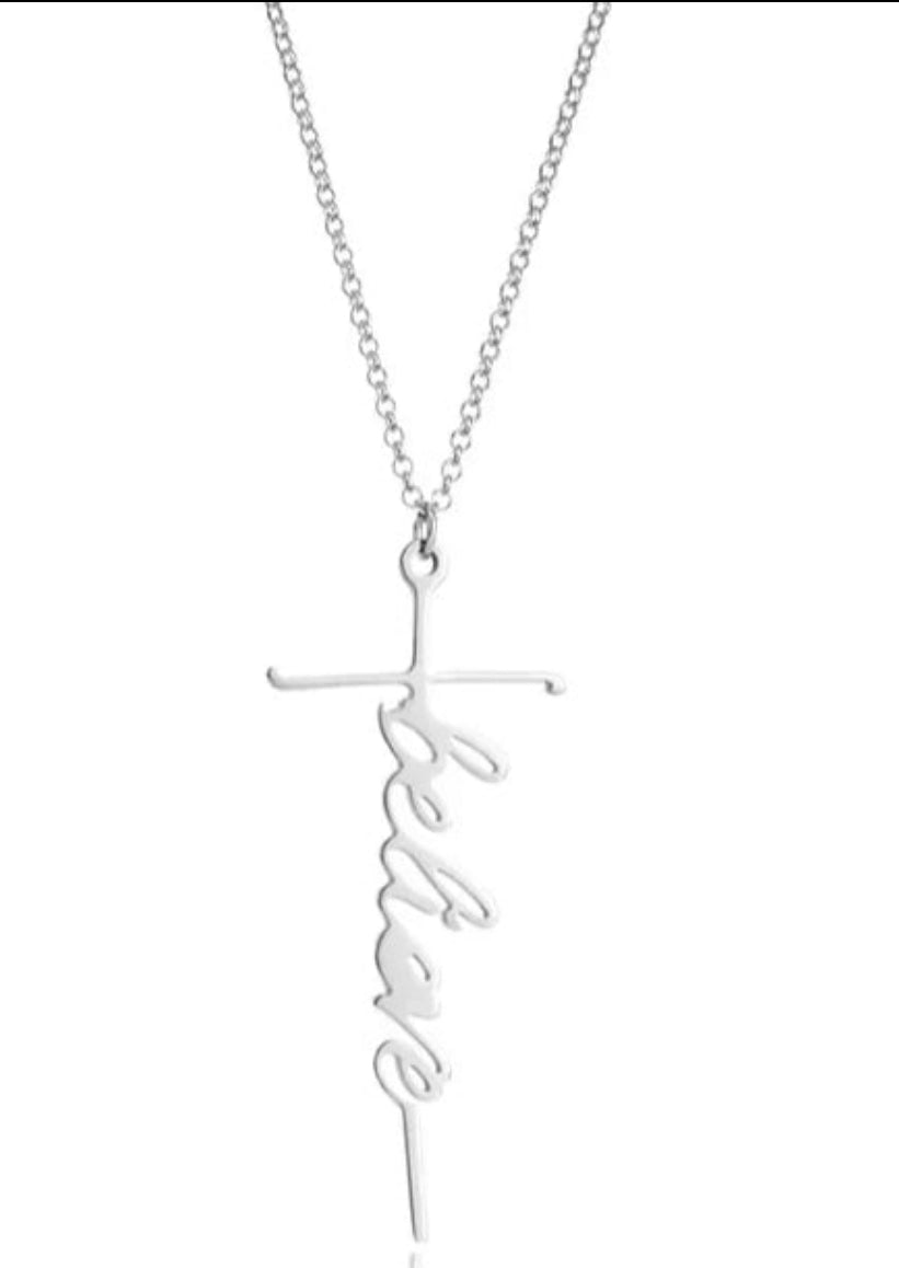 Cross /Faith, Jesus, Blessed, Believe, Pray, Fearless and Strength Silver or Gold Plated Pendant Necklace with 18inch chain