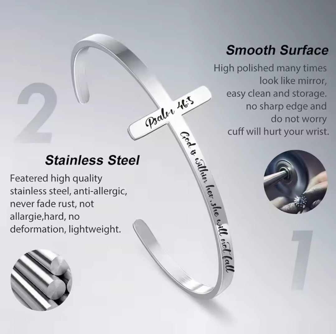 Silver Stainless Steel Scripture Open Cuff Bracelets