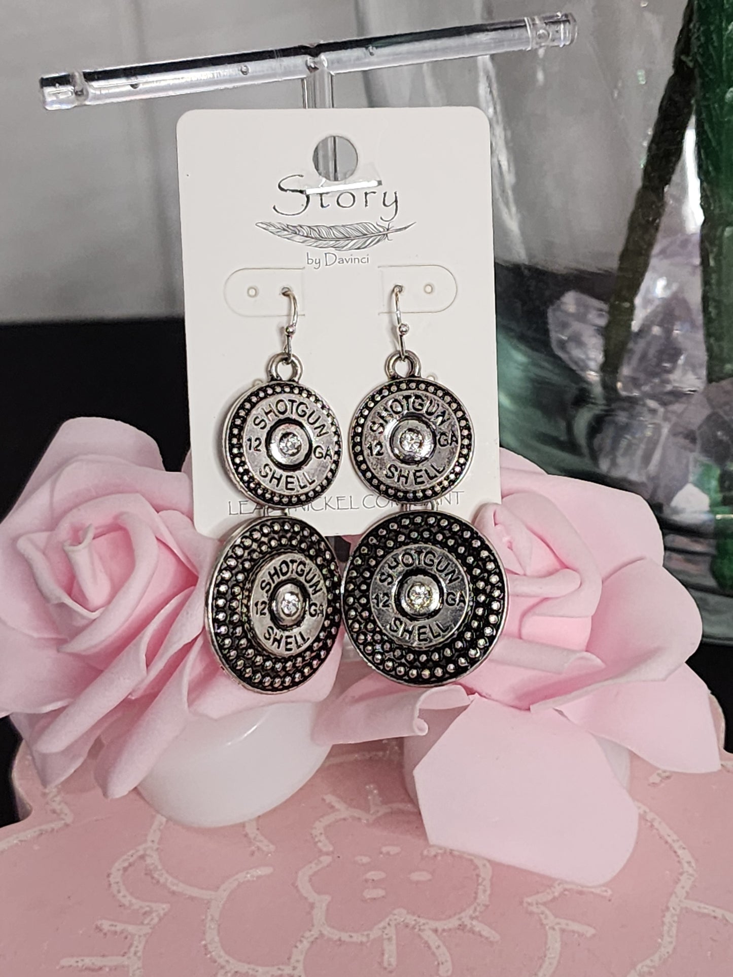 BURNISHED TRI-TONE TIERED or Silver 12 GAUGE SHOTG SHELL EARRINGS with Rhinestones