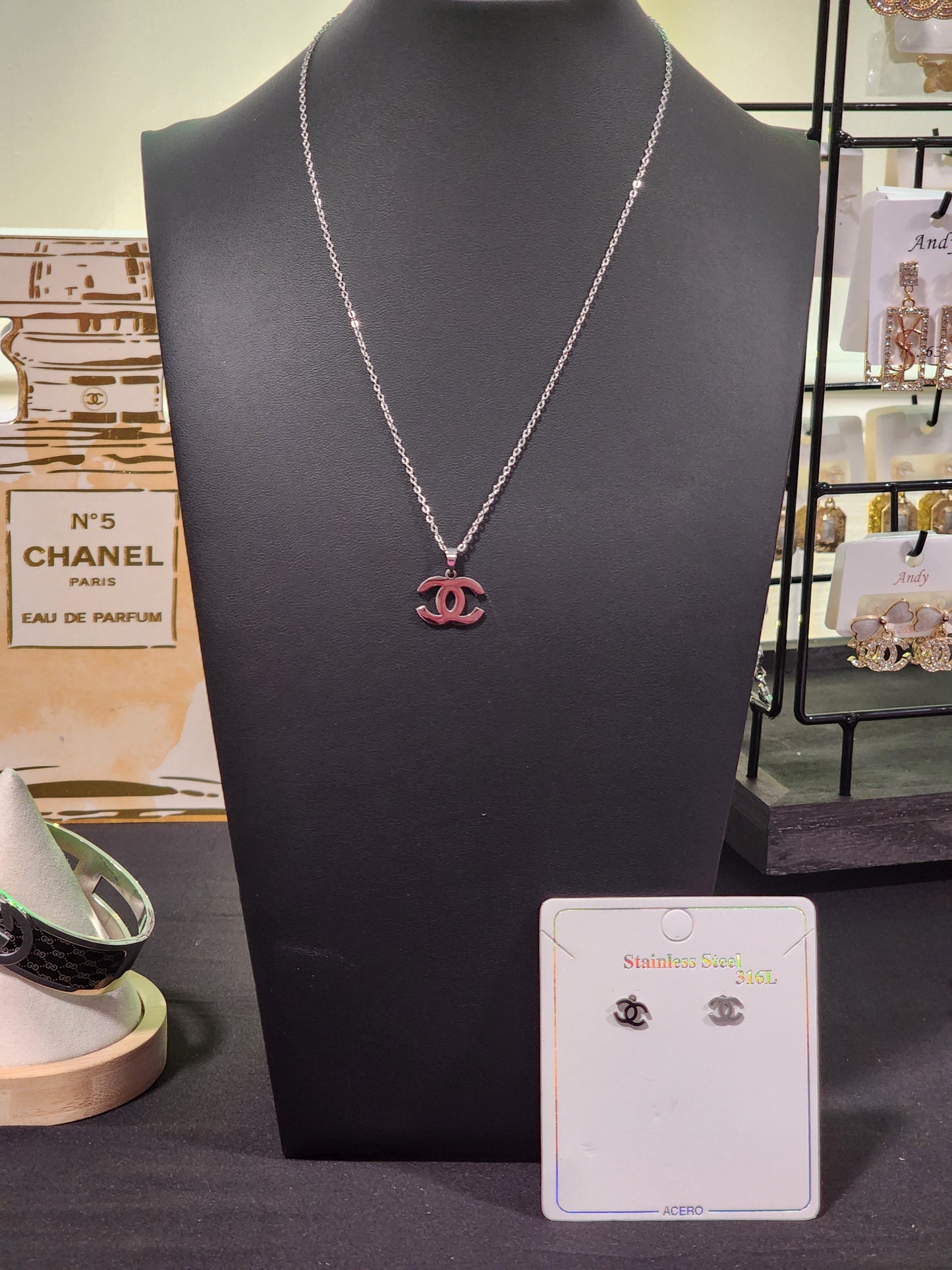 Gold or Silver Stainless Steel Necklace with Earrings Sets
