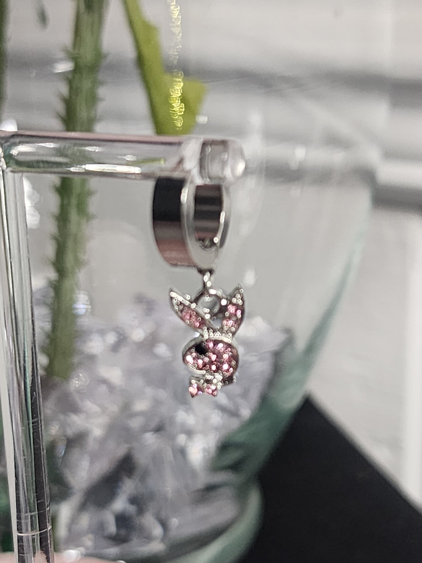 Silver and Pink Stainless Steel Bunny Earrings (Ear Huggers)