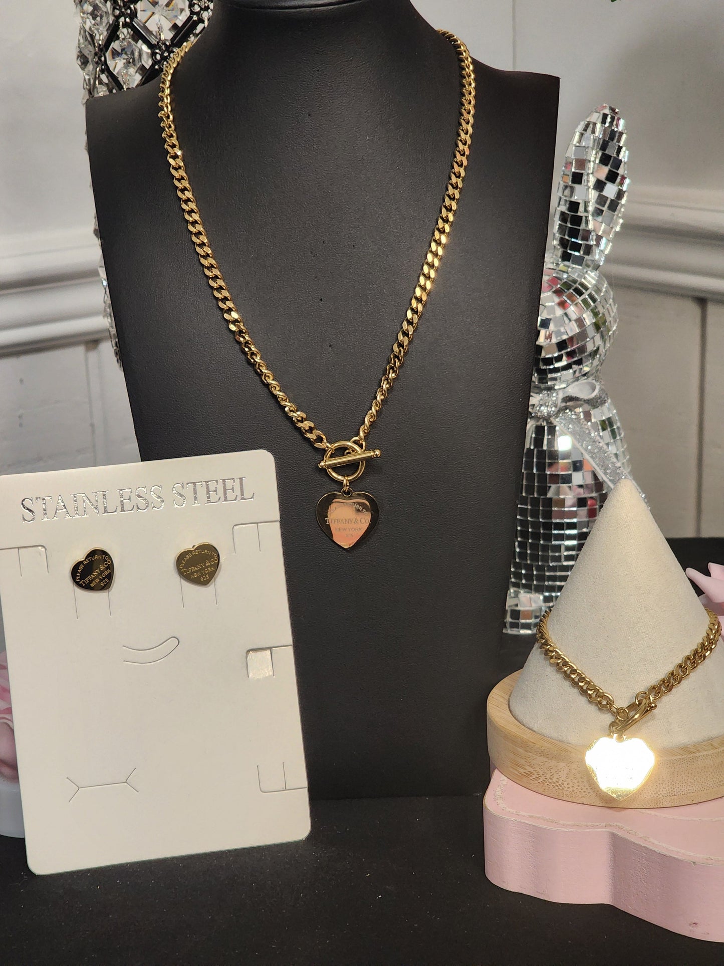 Gold or Silver Stainless Steel Necklace, Bracelet and Earrings Sets
