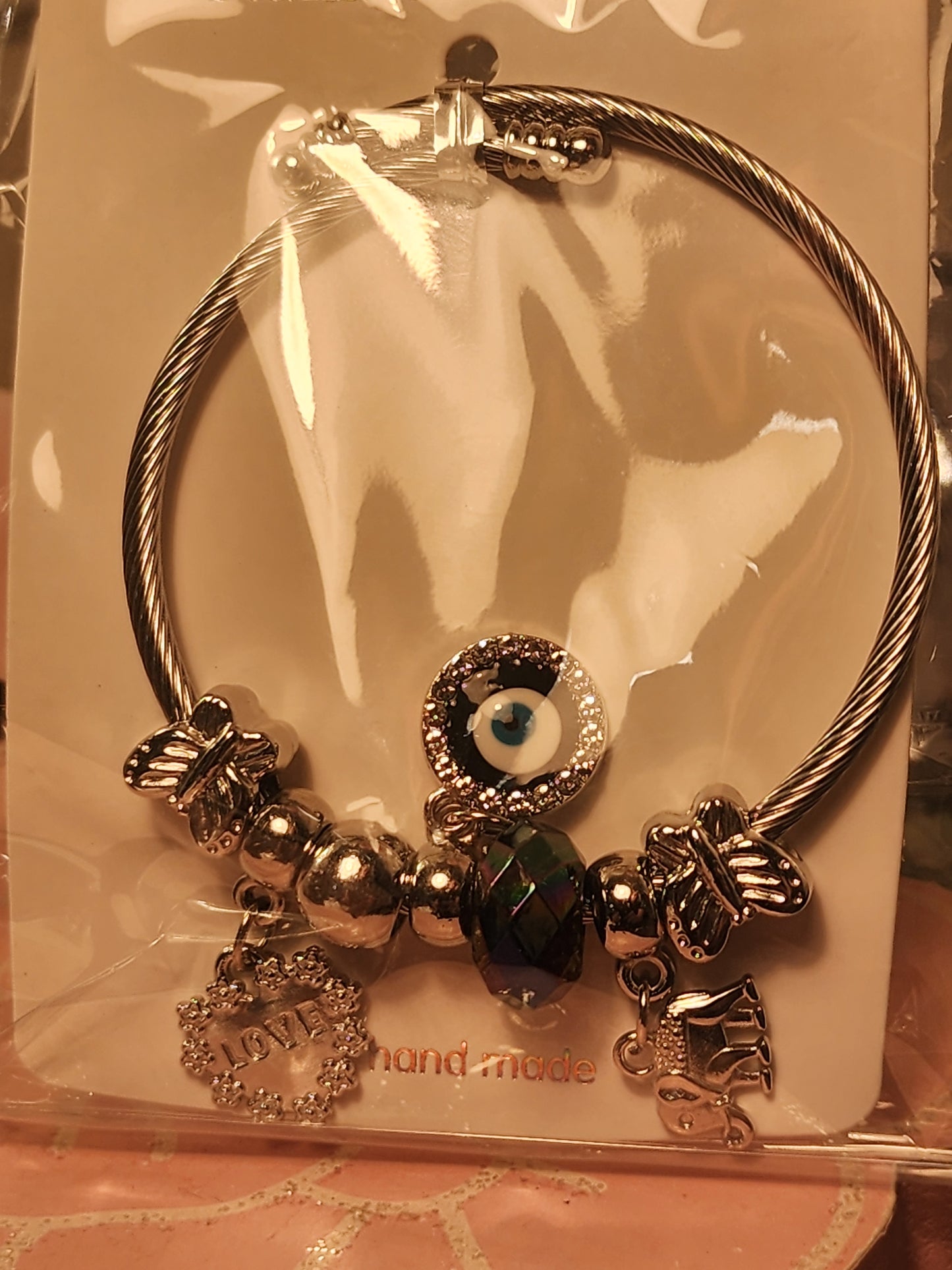 Lucky Evil Eye, Elephant Silver Stainless Steel Charm Bracelets