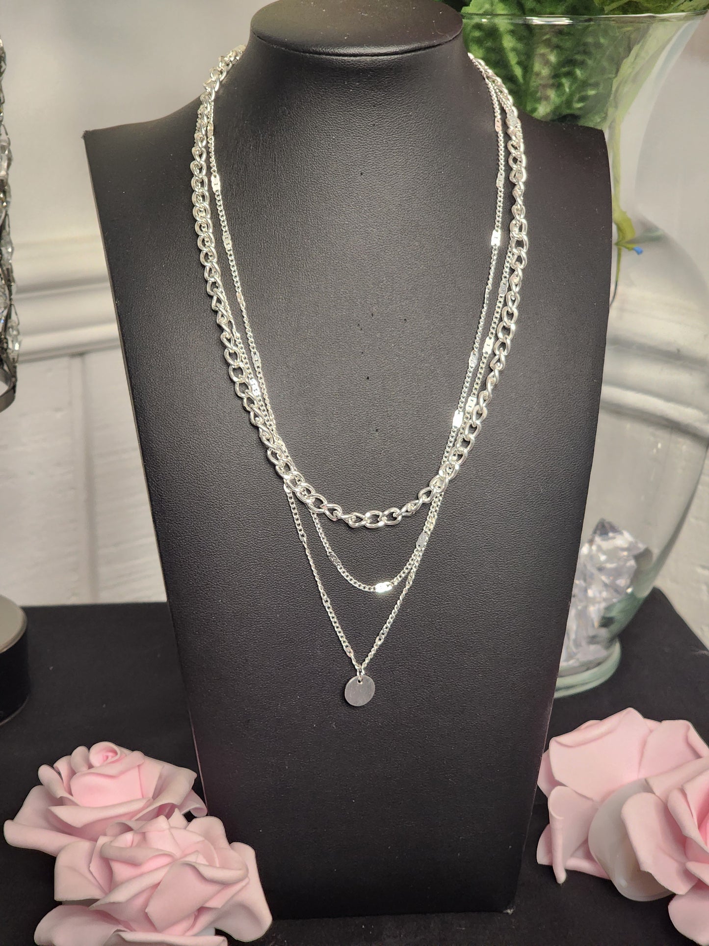 Three Tier Silver Disk Necklace