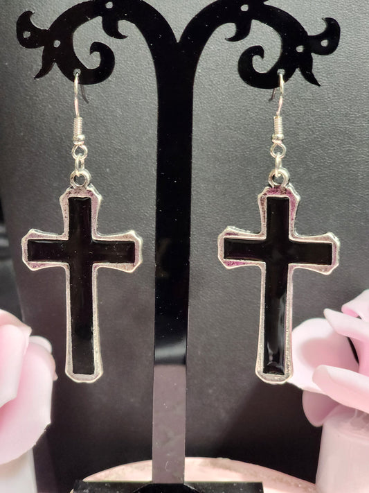 Black Acrylic & Silver Cross Earrings