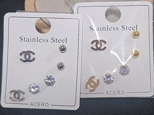 3 Pairs of Stainless Steel Gold or Silver Earrings
