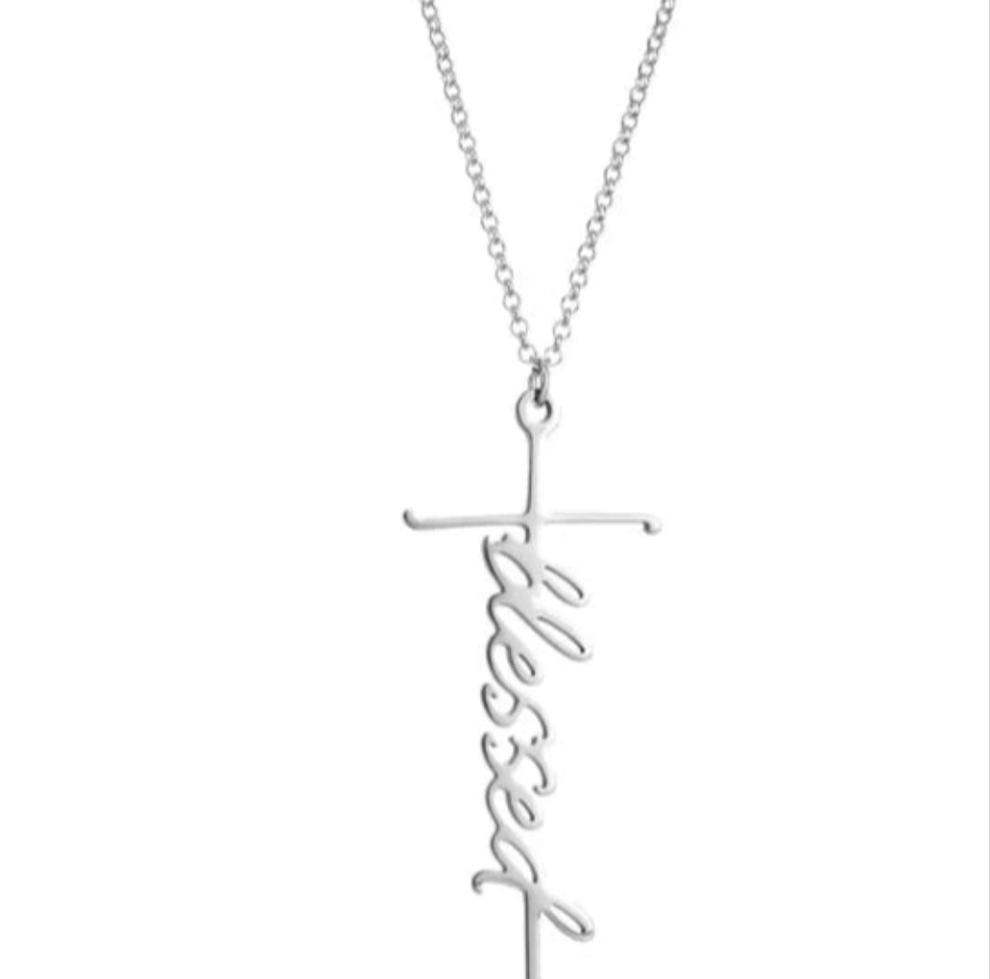 Cross /Faith, Jesus, Blessed, Believe, Pray, Fearless and Strength Silver or Gold Plated Pendant Necklace with 18inch chain