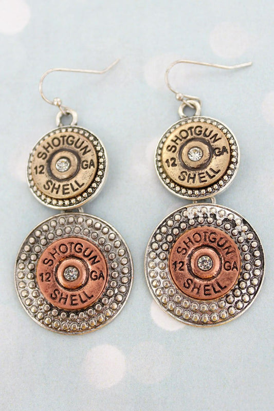 BURNISHED TRI-TONE TIERED or Silver 12 GAUGE SHOTG SHELL EARRINGS with Rhinestones