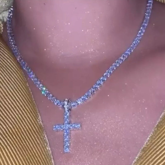 Rhinestone Tennis Necklace with Rhinestone Cross Pendant