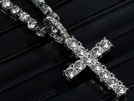 Rhinestone Tennis Necklace with Rhinestone Cross Pendant