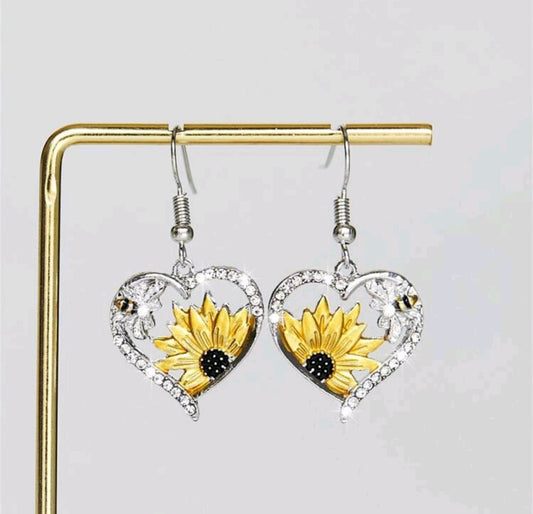 Heart Shaped Bee & Sunflower Pendant Earrings