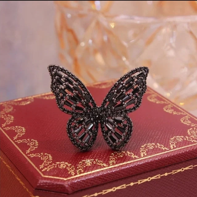 Full Rhinestone Butterfly Ring - Pink/Gold, Silver/Pink or Black/Silver