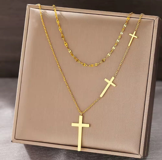 Stainless Steel Double Layered, Cross Necklace