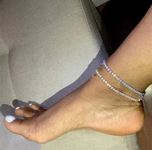 Stainless Steel Dainty Rhinestone Crystals Gold or Silver Tennis Anklets