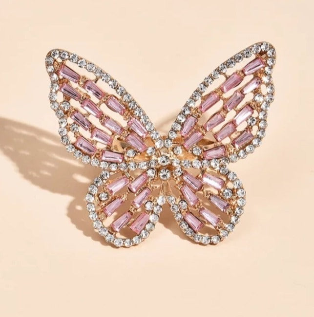 Full Rhinestone Butterfly Ring - Pink/Gold, Silver/Pink or Black/Silver