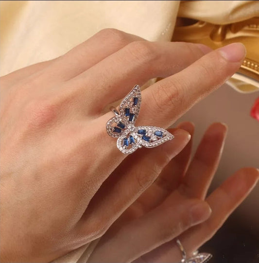 Blue Rhinestone Butterfly Ring