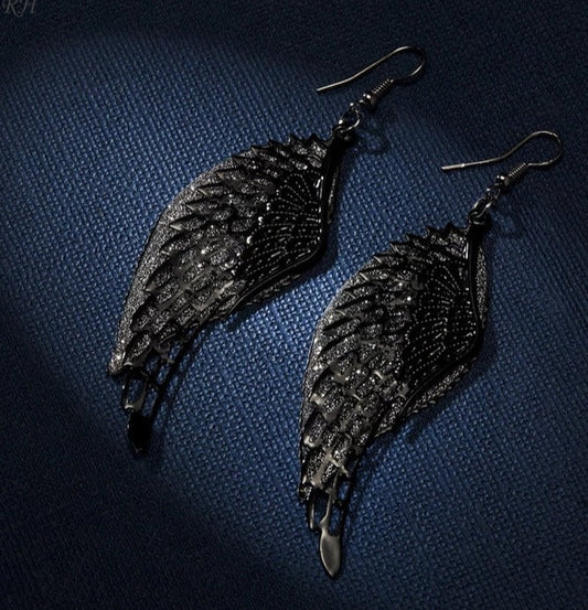 Black Metal Angel Wing Drop Earrings