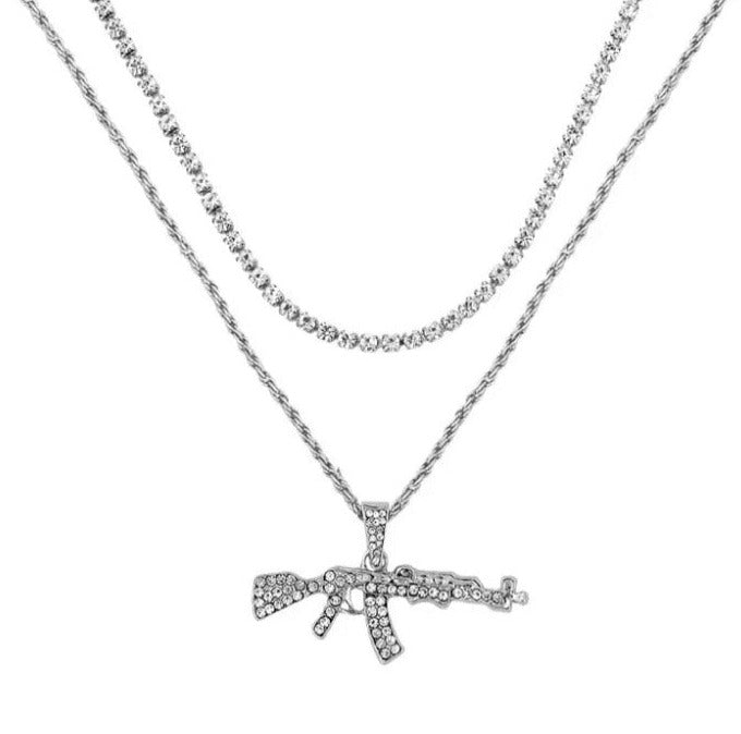 Multi-Layered Rhinestone Tennis Necklace with Rhinestone AK47 Gun Pendant on Rope Chain