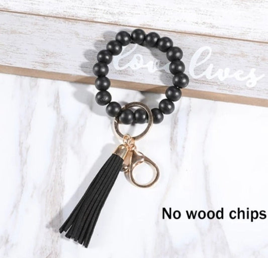 Keychain with Tassel and Wood Beaded Bracelet Keyring (Black, Brown, Grey, Cream or Pink)