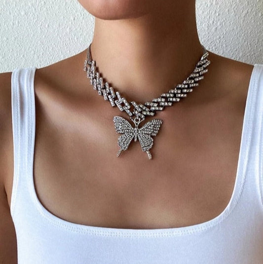 BIG Butterfly Pendent on a Cuban Link Chain with Rhinestones  (Silver, Multi-Color or Gold Available)